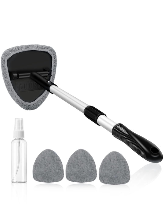 AstroAI Windshield Cleaner, Car Windshield Cleaning Tool Inside with 4 Reusable and Washable Microfiber Pads and Extendable Handle Auto Glass Wiper Kit, Gray