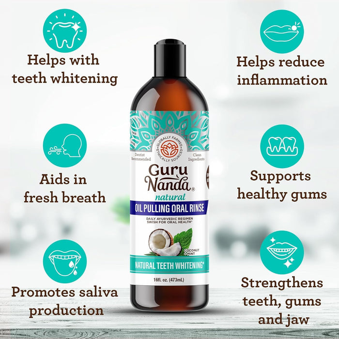 GuruNanda Coconut Oil Pulling with 7 Essential Oils and Vitamin D3, E, K2 (Mickey D), Helps with Fresh Breath, Teeth & Gum Health & More - 16 fl oz