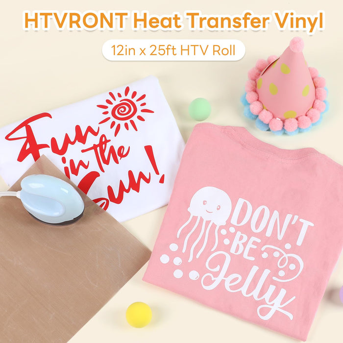 HTVRONT HTV Roll Heat Transfer Vinyl - 12" x 25ft White Iron on Vinyl for T-Shirts, Easy to Weed & Transfer HTV Vinyl - Compatible with All Cutting Machine