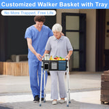 Dotday Upgraded Walker Basket for Folding Walker + Walker Tray + Cup Holder, Foldable Walker Bag, Large Storage Basket for Walker, Walker Accessories for Seniors, Black (Not Fit Rollator Walkers)