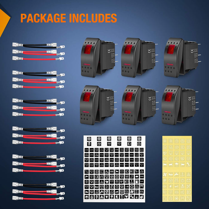 Nilight 6 Pack Rocker Switches with Night Glow Stickers 5 PIN SPST Red Backlit 12V/24V Toggle for Cars Trucks RVs Boats Auto Motorcycles