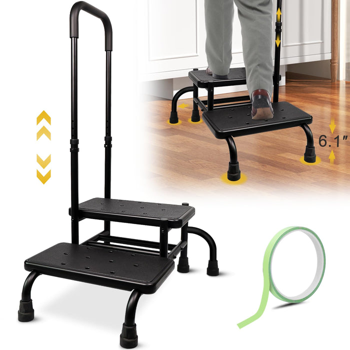UFIZZY 2 Step Stool with Handle for Elderly with 5 Legs, Heavy Duty Bedside Step Stool for Seniors Adults, Medical Foot Stool with Adjustable Handrail for Kitchen, Bathtub, RV, Holds up to 400LBS