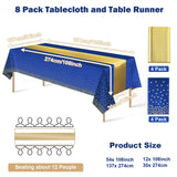 8Pack Disposable Plastic Tablecloths and Satin Table Runner Set Blue and Gold Dot Tablecloth Gold Satin Table Runner for Wedding Birthday Baby Shower Anniversary Christmas New Year Party Decorations