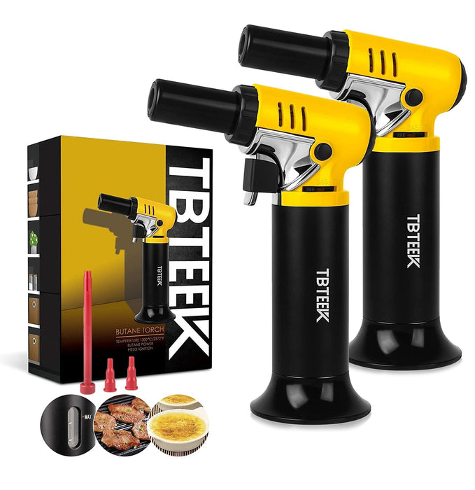 TBTeek Butane Torch with Fuel Gauge T907, One-hand Operation Kitchen Torch Lighter with Adjustable Flame for BBQ, Baking, Brulee Creme, Crafts and Soldering, 2 Pack(Butane Not Included)