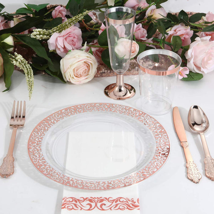 I00000 102 Pieces Rose Gold Plastic Lunch Plates, 9” Clear Disposable Dinner Plates with Rose Gold Lace Rim, Ideal for Big Parties or Wedding for Wedding & Party