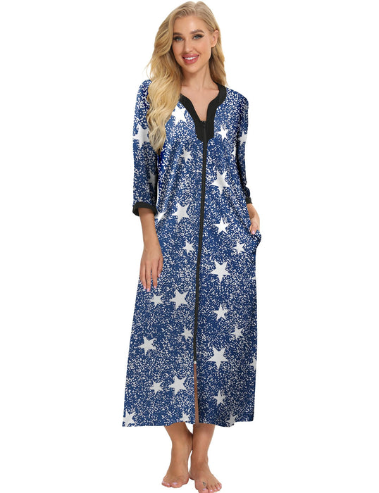 Bloggerlove House Dresses for Elderly Mumu Dresses Women Leopard House Dress V Neck Nightgown Robe Half Sleeve Loungewear Full Length Sleepwear Zipper Duster Housecoat