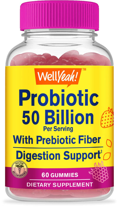 WellYeah 50 Billion Probiotics + Prebiotics for Men and Women Gummies - Digestive Support, Gut Health, Immune Support Gummy - Probiotics for Digestive Health with 12 Strains - 60 Gummies