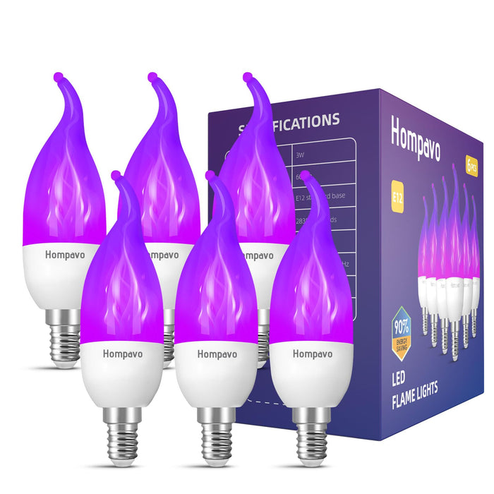 Hompavo 【Upgraded LED Flame Light Bulbs, 3 Modes Flickering Light Bulbs, E12 Chandelier Base Candle Fire Light Bulb for Halloween Christmas Party Porch Indoor & Outdoor Home Decoration, Purple 6 Pack