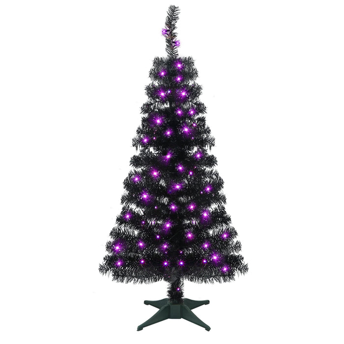 Juegoal Lighted Artificial Halloween Black Christmas Tree, 4FT Black Tinsel Pine Tree with 70 LED Purple Lights, 8 Modes & Timer for Home Party Decorations
