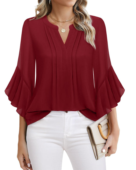 Timeson Fall Blouses for Women 2024: Business Casual - Women Work Tops - Womens Dress Shirts Fashion V Neck Ladies Office Top Fall Professional Attire Wrinkle Free Chiffon Tunics Christmas Wear Red XL