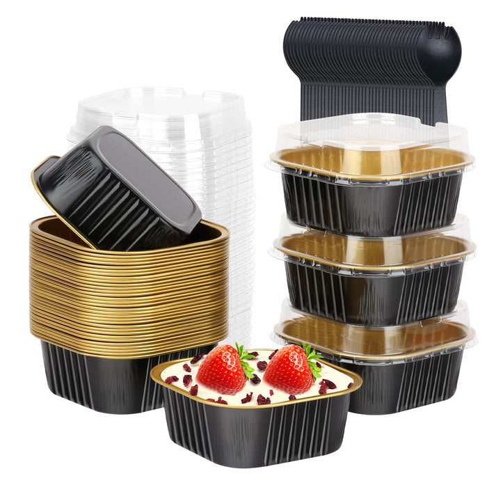 LNYZQUS 10oz Mini Cake Pans With Lids 40 Pack, Aluminum Foil Square Cupcake Liners Brownie Baking Cups,Disposable 4”x4” Large Cupcake Pan,Jumbo Muffin Tin Ramekins Holders-Black In Gold