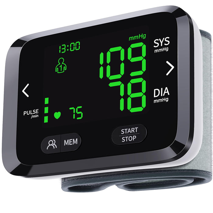 NOUYAN Blood Pressure Monitor Wrist Automatic BP Machine Adjustable Cuff 198 Memory Readings Large Backlit LCD Display with Carrying Storage Bag for Home Use, Medium, Black