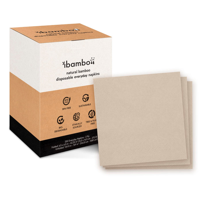 Ibambo 250 Pack 100% Bamboo Everyday Napkins - 2-Ply FSC Certified Lunch & Dinner Napkins | Bamboo Napkins for Home or Commercial Use - 6.5x6.5 Inch Folded Disposable Napkins | Compostable Napkins