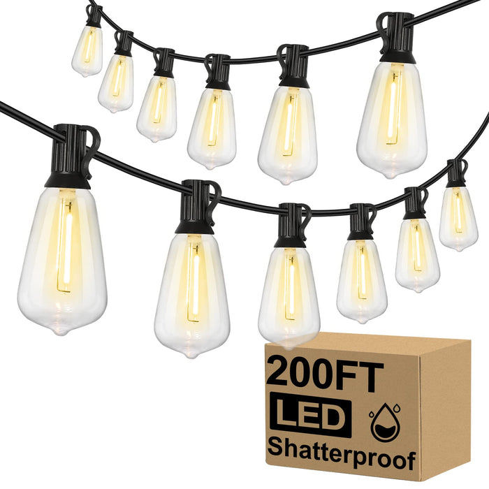 Brightever Outdoor String Lights 200FT Waterproof, Patio String Lights for Outside with 100+4 ST38 Shatterproof LED Filament Bulbs, Dimmable Hanging Lights for Christmas, Party, Cafe (2-Pack 100FT)