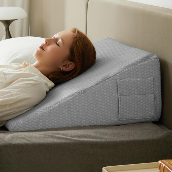 Bedluxe Wedge Pillow for Sleeping, 10 inch Elevated Support Bed Wedge Pillow, Breathable Triangle Pillow Wedge with Cooling Memory Foam Top - Removable Washable Cover, Light Grey