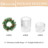 Glasseam Tealight Candle Holder with Candle Rings Wreaths: Ribbed Votive Candle Holders Set of 8, Mini Glass Candle Holder with Halloween Wreath, Christmas Candle Holder for Table Advent Centerpiece