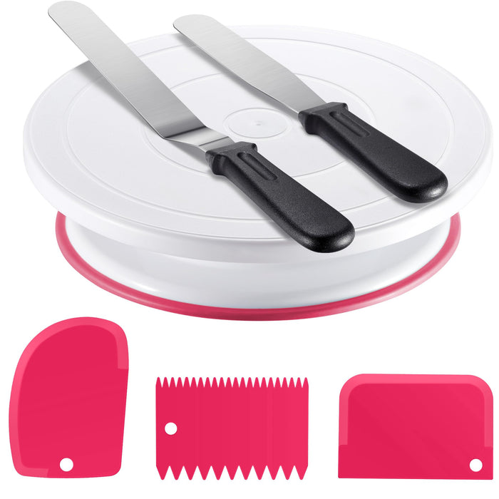 Kootek Cake Decorating Kit Baking Supplies Cake Turntable with 2 Frosting Straight Angled Spatula 3 Icing Smoother Scrapers Baking Accessories Tools for Beginners and Pros, Pink