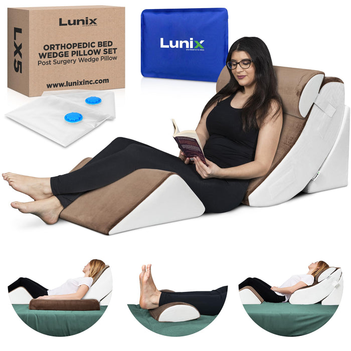 Lunix 4pcs Orthopedic Bed Wedge Pillow Set, Post Surgery Memory Foam for Back, Knee, Leg Pain Relief, Adjustable Sitting Pillow for Sleeping, Acid Reflux, GERD, with Hot Cold Pack, Brown/White