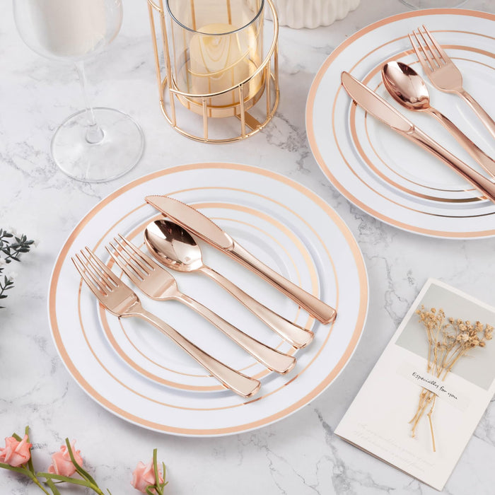 BESTVIP 150PCS Rose Gold Plastic Plate Set (25 Guests), Plastic Plates for Party Wedding Birthday, Disposable Dinnerware Set of 50 Plastic Plates, 50 Forks, 25 Spoons, 25 Knives