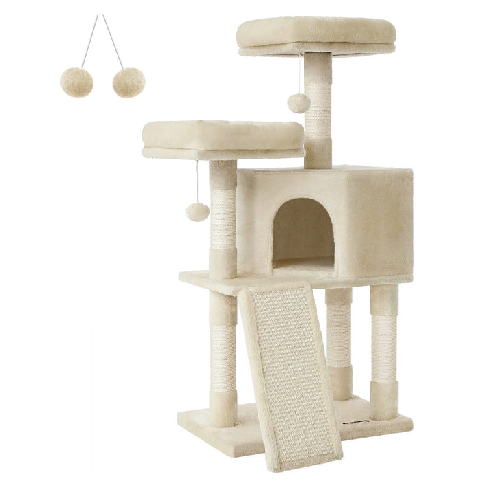 Feandrea Cat Tower, Cat Tree for Indoor Cats, 45.3-Inch Cat Condo with Scratching Post, Ramp, Perch, Spacious Cat Cave, for Kittens, Elderly Cats, Adult Cats, Small Space, Beige UPCT141M01