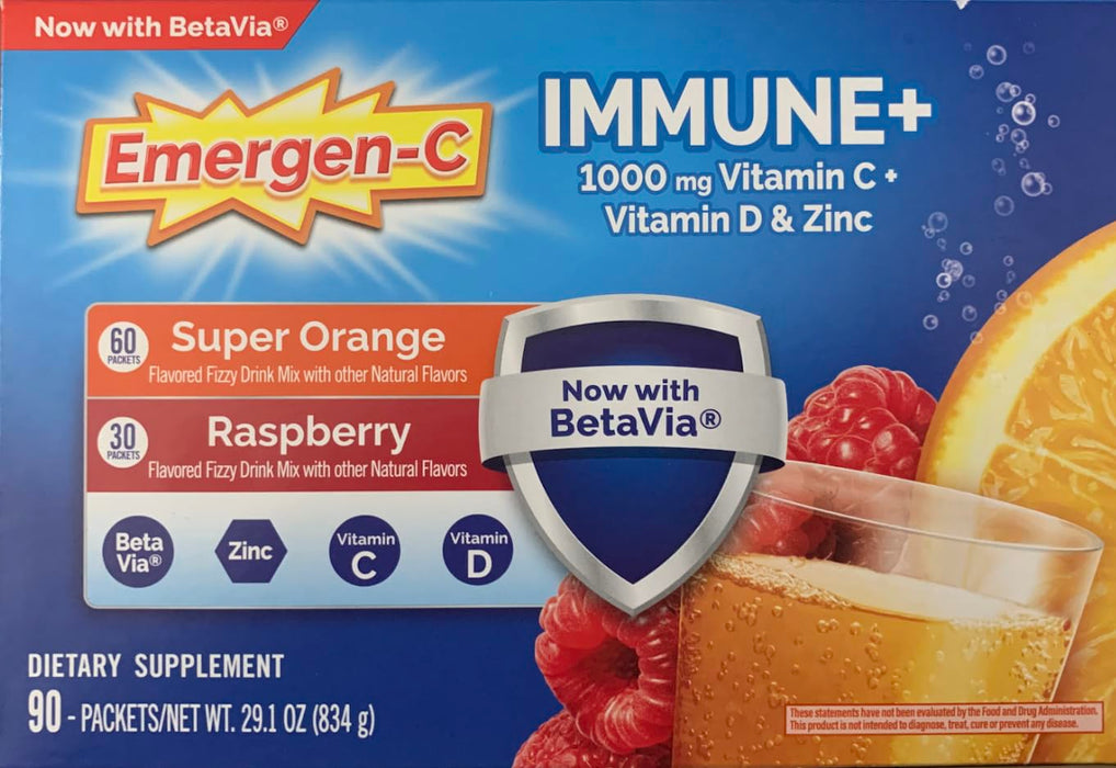 Emergen-C Immune+ 1000 mg Vitamin C + Vitamin D & Zinc, (Super Orange 60 Ct/Raspberry 30Ct) 90 Packets