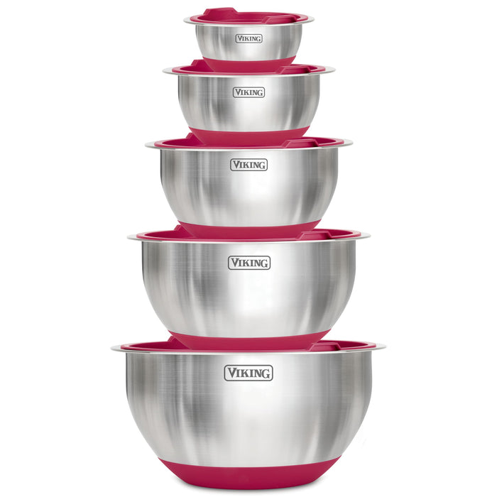 Viking Mixing Bowls Set, 10 Piece Stainless Steel Kitchen Cookware, Non-Slip Silicone Base, Includes Tight Fit Lids, Dishwasher Safe, Red