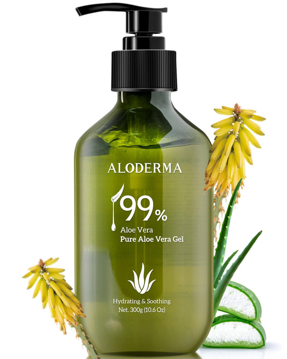 Aloderma 99% Organic Aloe Vera Gel Made within 12 Hours of Harvest - Lightweight, Non-Sticky Aloe Gel for Face and Body, Sunburn Relief, Natural, Soothing Hydrating Aloe Vera for Scalp & Hair, 10.6oz