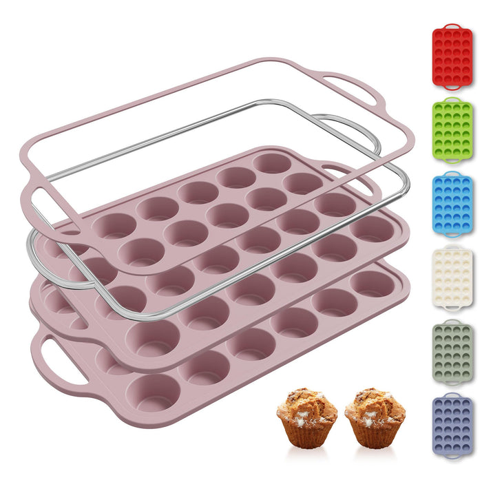 2 Packs 24 Cups Silicone Muffin Pan with Metal Reinforced Frame Mini Size Cupcake Pan Tray Egg Bites Silicone Circle Cookie Molds Muffin Tin Tart Pans Baking Sheet Set for Breakfast Sandwiches