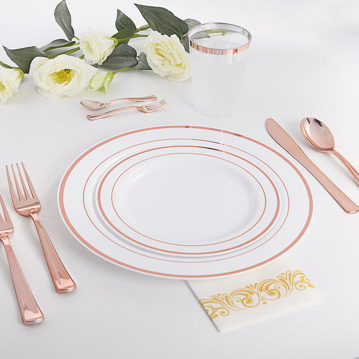 WDF 300 Pieces Rose Gold Plastic Silverware- Disposable Flatware Set - Heavy Duty Plastic Cutlery Includes 100 Forks, 100 Spoons, 100 Knives Perfect for Wedding, Party, Christmas