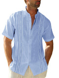 Mens Short Sleeve Guayabera Shirts Linen Cotton Button Up Banded Collar Mexican Cuban Wedding Shirt Summer Beach Tops