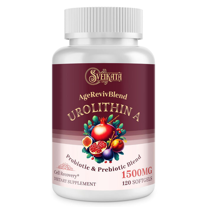 Sveikata Urolithin A Supplement 1500 mg, Probiotic & Prebiotic Blend, Cellular Regeneration, Pomegranate Extract, 120 Softgels, 40 Day Supply, for Adults, AgeRevivBlend