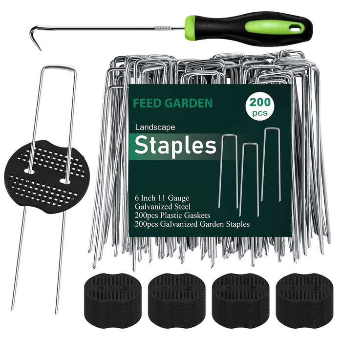 FEED GARDEN 6 Inch 200 Pcs Galvanized Landscape Staples 200 Pcs Gaskets Pick Hook Garden Stakes 11 Gauge Anti-Rust Landscaping Fabric SOD Pins U Shaped Yard Turf Stakes for Weed Barrier Fabric