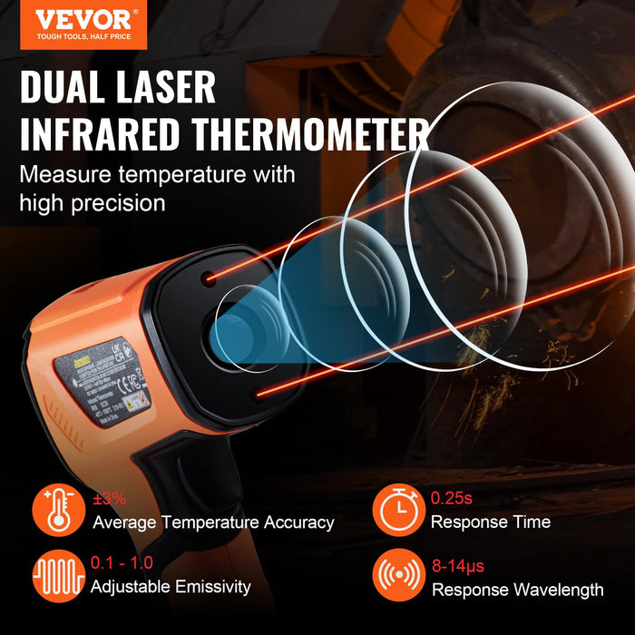 VEVOR Infrared Thermometer, -40°F~2732°F Dual Laser Temperature Gun Non-Contact, Handheld IR Heat Temperature Gun & Adjustable Emissivity for Metal Smelting/Cooking/Pizza Oven/Engine (Not for Human)