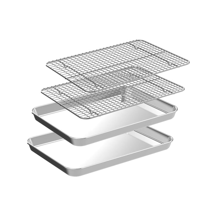 Small Baking Sheet with Rack Set [2 Small Cookie Sheets + 2 Small Baking Racks], CEKEE Stainless Steel Small Baking Pan and Grill Rack - Rust & Warp Resistant & Nonstick, Size 9.33 x 6.96 x 1 Inch