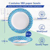 MUCHII 20 Oz Paper Bowls 180 Counts Disposable Bowls, Printed Soak Proof Large Bowls for Breakfast, Lunch, and Dinner Meals