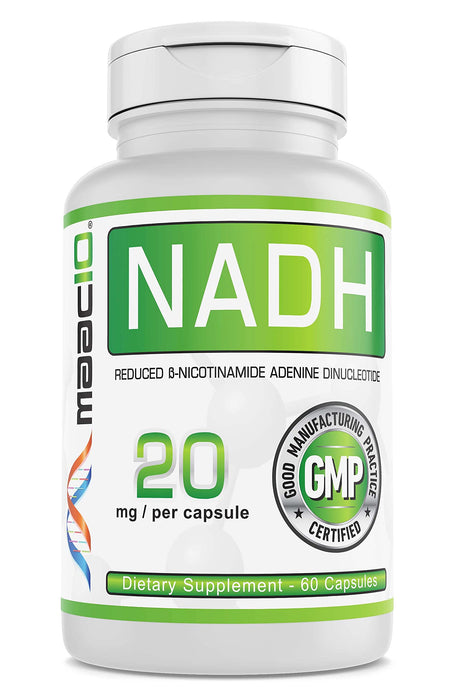 MAAC10 NADH Supplement 20mg Each 60 Capsules for Energy, Fatigue, Mental Focus & NAD+ Longevity Support | Pharmaceutical Grade 99% Pure NADH.