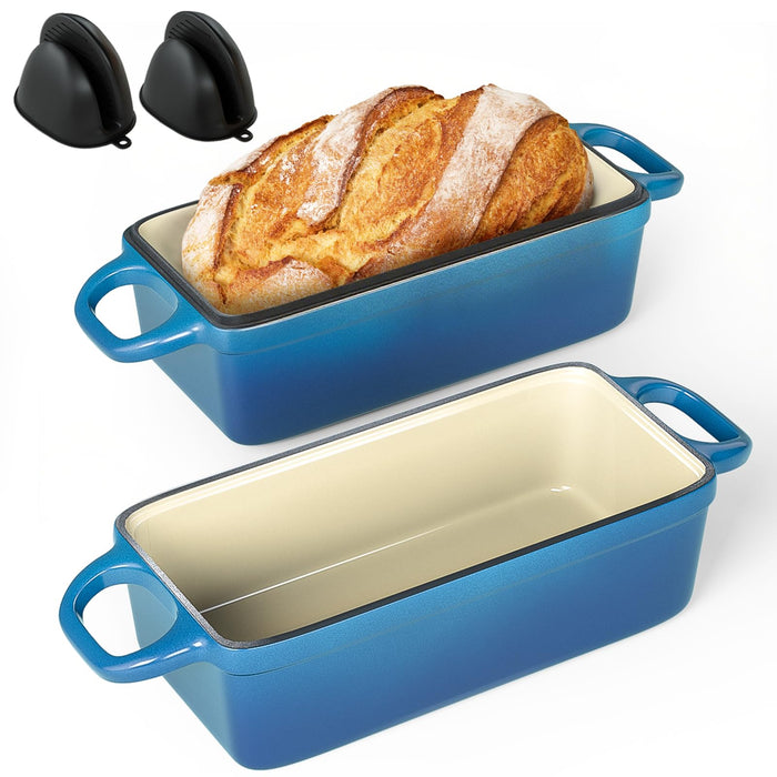 2 IN 1 Cast Iron Bread Loaf Pan with Lid, 3.4QT 9x5 Inch Dutch Oven for Bread Baking, Even Heating Bread Oven, Enameled Bread Pan for Homemade Sourdough Bread Baking & Versatile Cooking, Blue