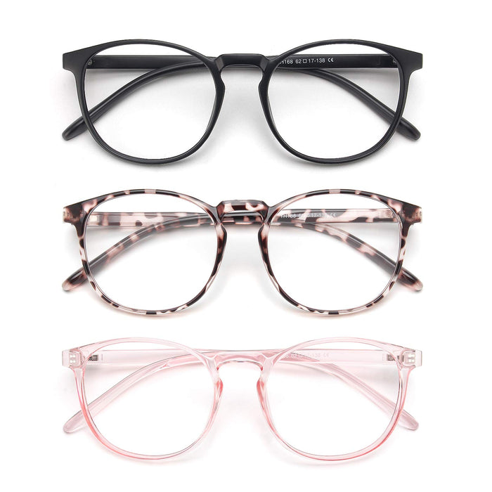 IBOANN 3 Pack Blue Light Blocking Glasses Women/Men, Round Fashion Retro Frame, Vintage Fake Eyeglasses with Clear Lens (Matte Black & Leopard & Clear Pink)