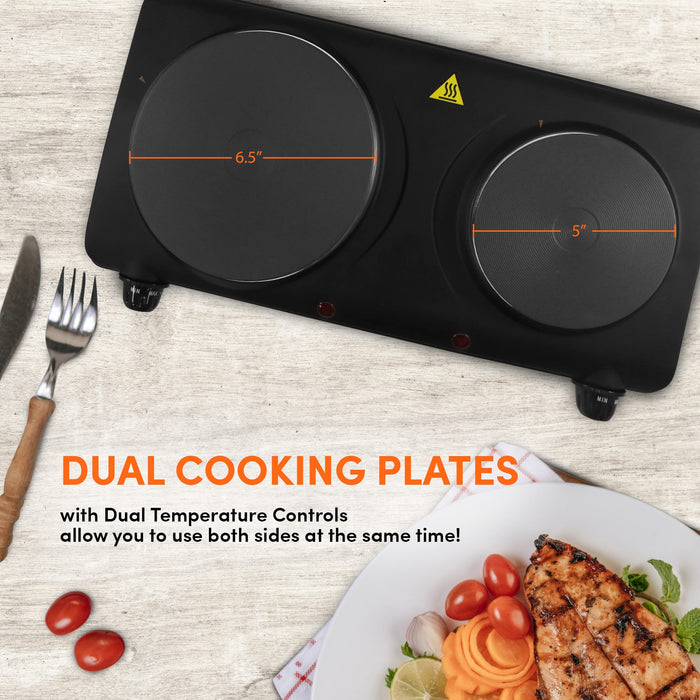 Elite Gourmet EDB-302BF# Countertop Double Cast Iron Burner, 1500 Watts Electric Hot Plate, Temperature Controls, Power Indicator Lights, Easy to Clean, Black