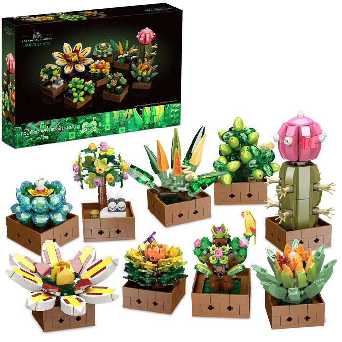 Under the Baubles Flower Botanical Bonsai Building Set, Succulent Building Toys - 9 Pack, for Home Decor, Valentine's Day, Mother's Day, Christmas for Adults and Kids - 913pcs