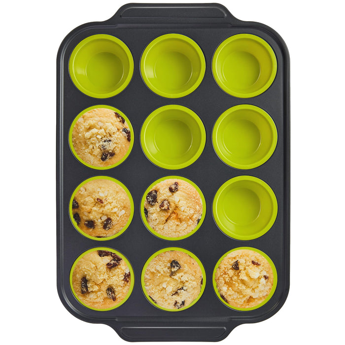 BRONYPRO Silicone Muffin Pans for Baking with Metal Frame, Egg Bite Maker Silicone Molds, Cupcake Pans 12 Regular Size, Muffin Tins Easy to Pop Nonstick Non Toxic Bakeware for Oven, Lime Green