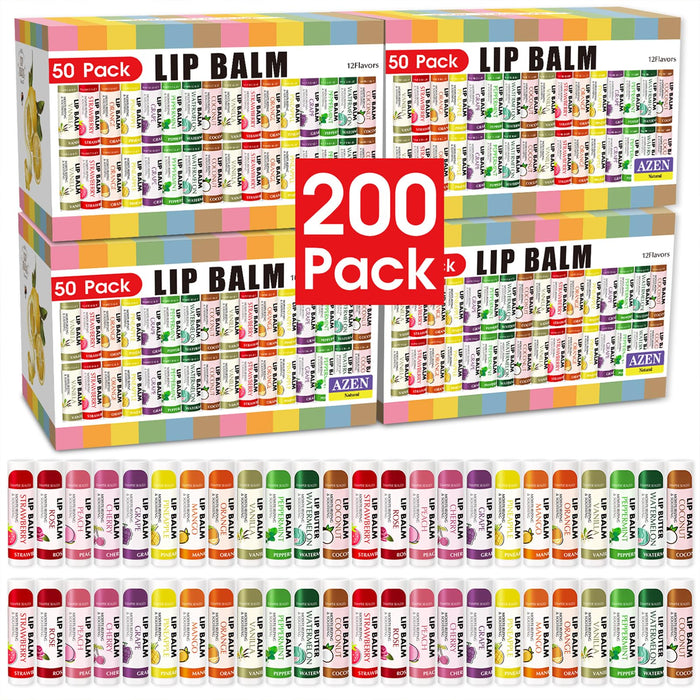 AZEN 200 Pack Lip Balm, Natural Lip Balm Bulk, Lip Care Product, Moisturizing Lip Balm for dry cracked lips - 12 Flavors