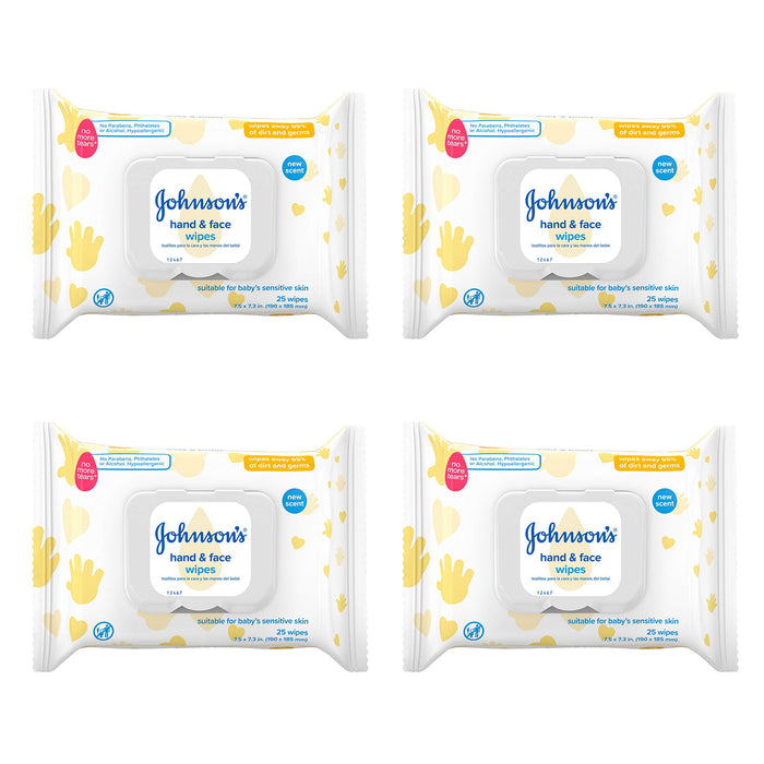 Johnson's Baby Hand & Face Baby Sanitizing Cleansing Wipes for Travel and On-The-Go, No More Tears Formula, Paraben and Alcohol Free, 25 ct, Case of 4
