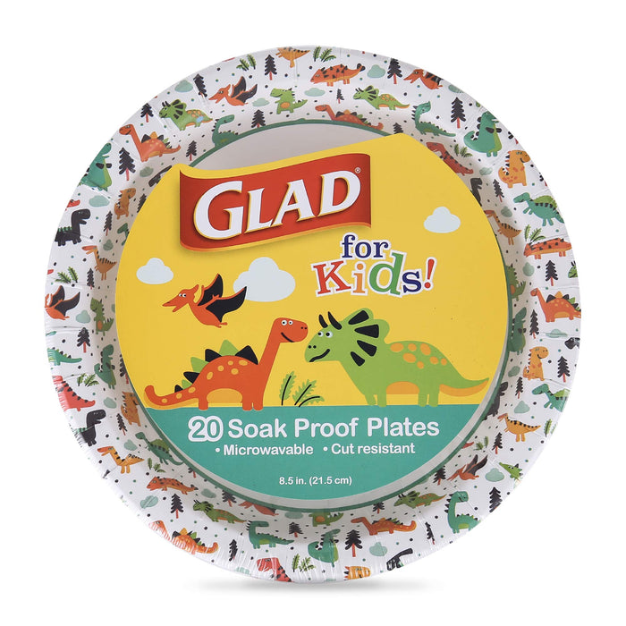 Glad for Kids 8 1/2-Inch Paper Plates | Small Round Paper Plates with Dinosaurs | Heavy Duty Disposable Soak Proof Microwavable Paper Plates, 8.5" Round Plates 120ct| Kids Plates, Dinosaur Plates