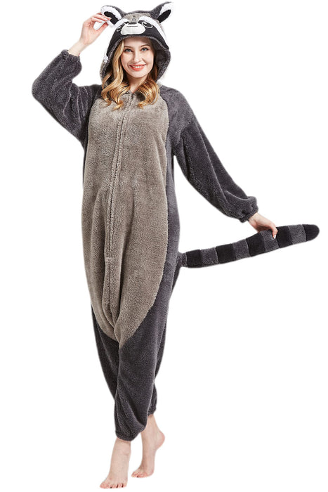 DarkCom Onesie Christmas Pajamas Adult Animal Halloween Costume Cosplay Gray Raccoon One Piece Unisex Homewear Polar Fleece Sleepwear Large