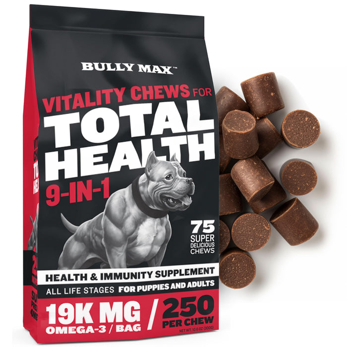 Bully Max 9-in-1 Total Health Dog Chews - Puppy & Adult Dog Multivitamin - Omega 3 Vitamin Supplements for Immunity, Brain, Heart, Joint & Digestive Health for All Breeds - 75 Soft Chews per Bag