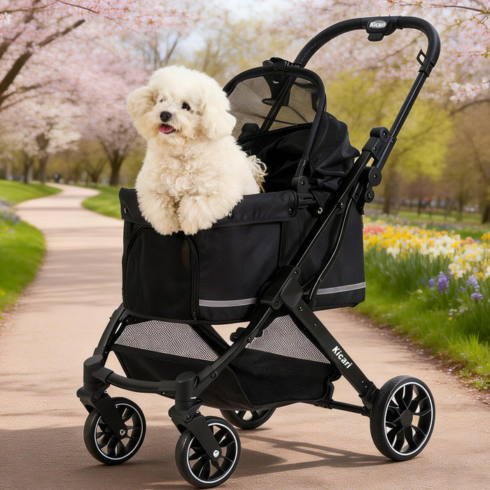Kicari All-Terrain Dog Stroller for Small to Medium Dogs, Pet Stroller for Dogs & Cats Outdoor Walks, One-Hand Easy Fold, Double-Layer Anti-UV & Waterproof Canopy & Breathable Mesh, Samurai Black