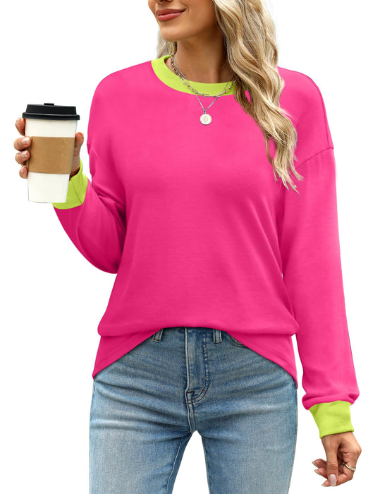 WIHOLL Christmas Shirts for Women Casual Long Sleeve Tunic Tops Color Block Sweatshirt Hot Pink L