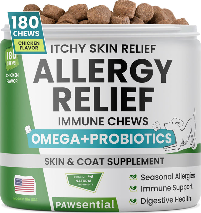 PAWSENTIAL Allergy Relief Dog Chews - Itchy Skin Relief w/Probiotics + Omega 3 + Colostrum - Seasonal Allergies - Anti-Itch Treats - Skin&Coat + Immune Supplement - Made in USA - Chicken Flavor -180Ct