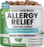 PAWSENTIAL Allergy Relief Dog Chews - Itchy Skin Relief w/Probiotics + Omega 3 + Colostrum - Seasonal Allergies - Anti-Itch Treats - Skin&Coat + Immune Supplement - Made in USA - Chicken Flavor -180Ct